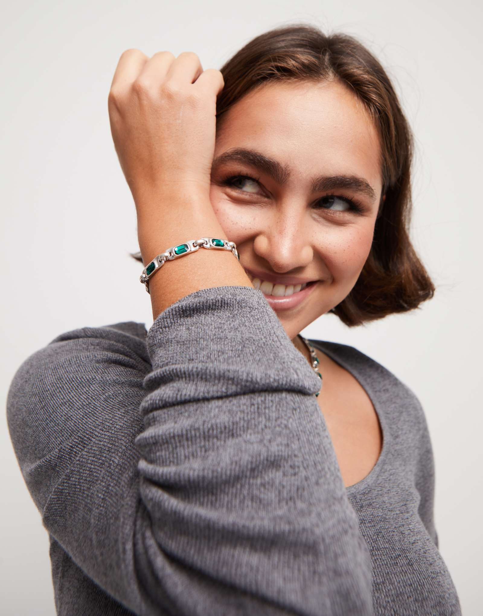 Chain bracelet with green crystals, Silver, large thumbnail